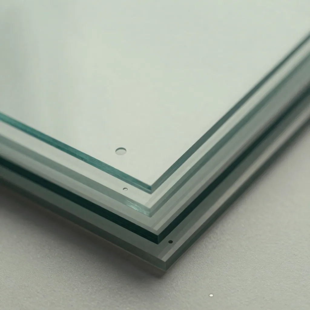 Macro view of stacked translucent glass sheets bending light into faint grey bands.