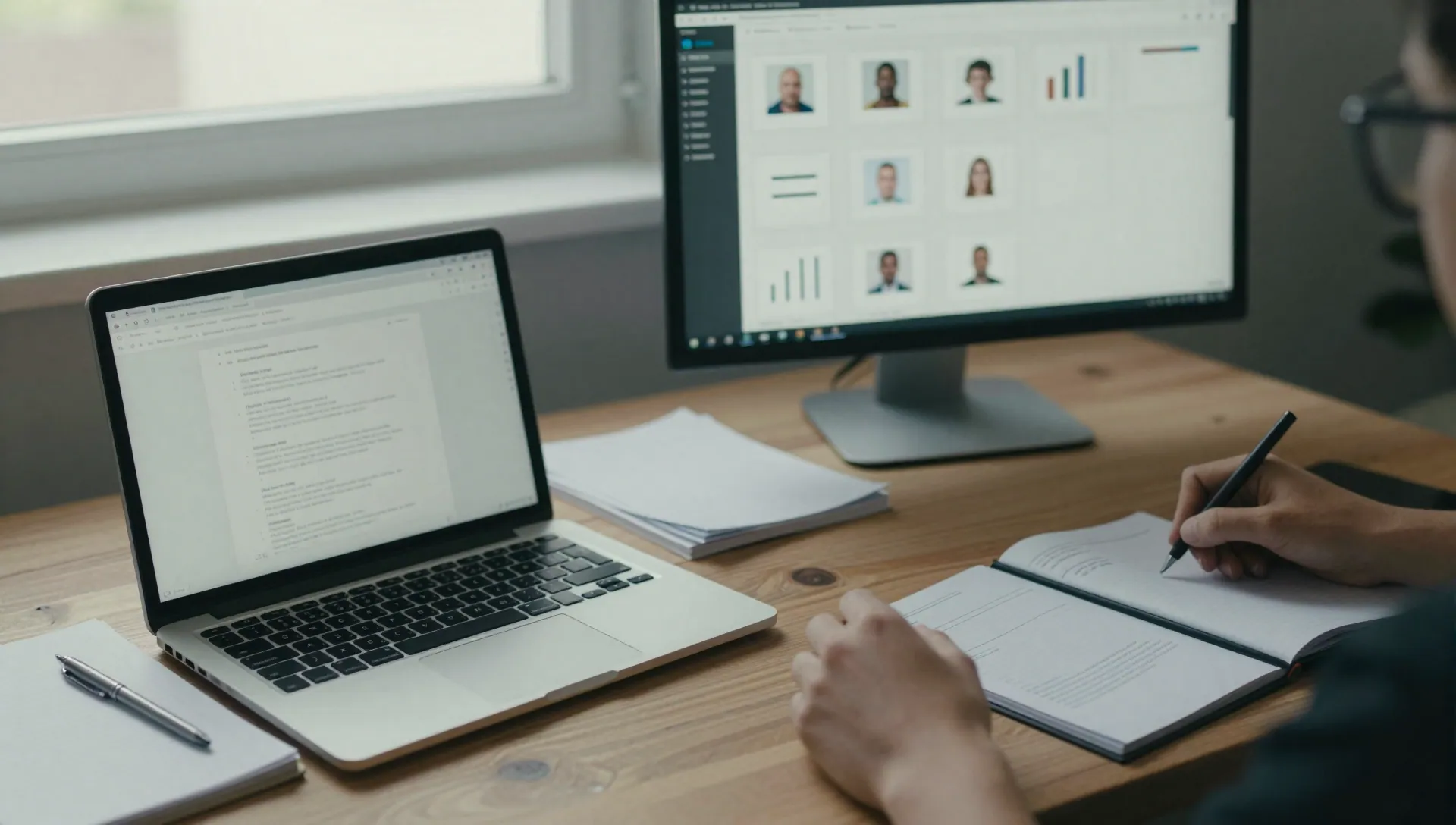 Desk with laptop, printed résumés and a monitor showing abstract candidate cards, illustrating AI on both sides of hiring.