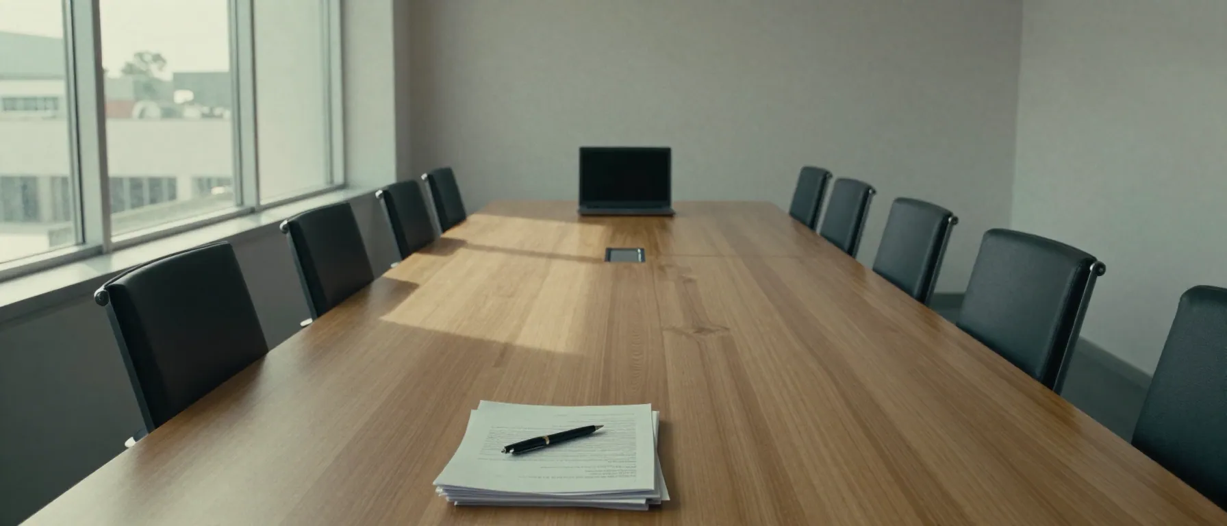 Wide view down a long office table with empty chairs, a glowing laptop at the far end.