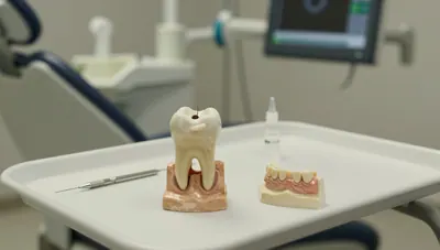 Two tooth models on a dental tray, one with a small access opening beside an endodontic file, in a softly lit clinic.