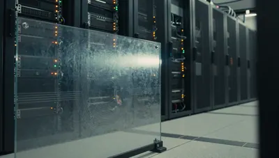 Glass panel with etched trace lines in a dim server room aisle, lit by a single beam, suggesting logged and monitored machine actions.
