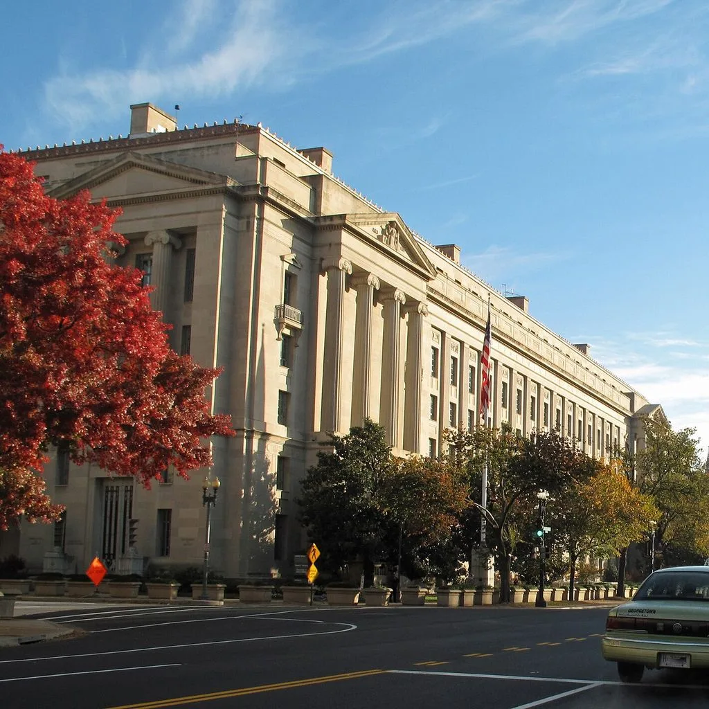 US Department of Justice building with road