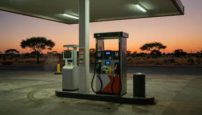 A petrol pump on a quiet South African forecourt at dusk, blank display, canopy lights on, dry veld and orange sky behind.