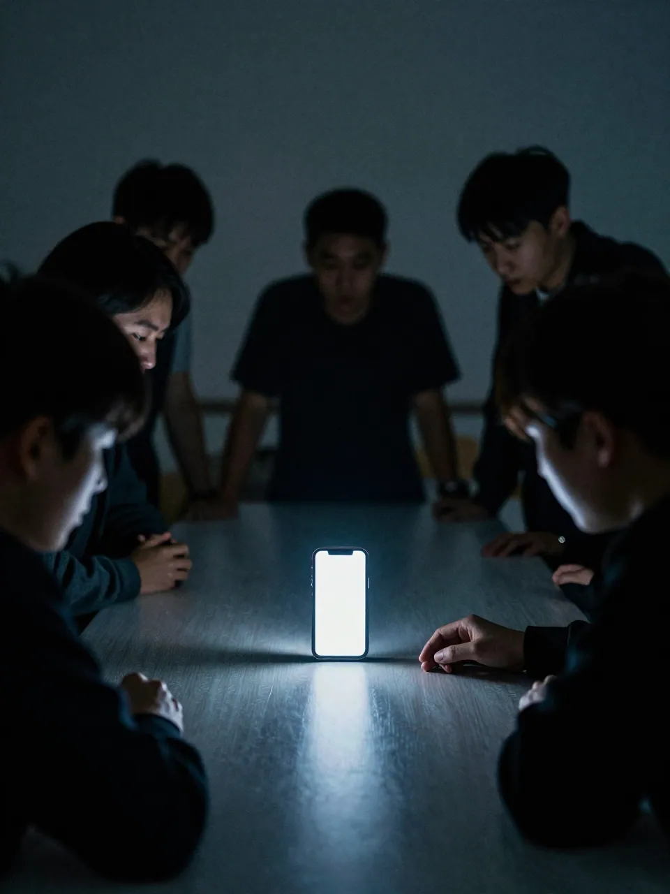 A glowing phone on a table with blurred silhouettes of people leaning toward it in a dim blue room.
