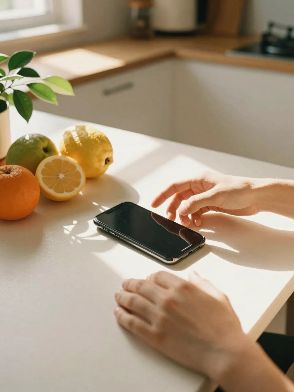 A phone on a sunlit kitchen table among fruit and a plant, two hands passing it in warm light.