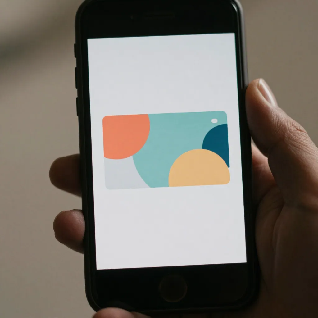 Close-up of a phone screen with a framed banner ad of abstract shapes, text blurred, held in one hand.