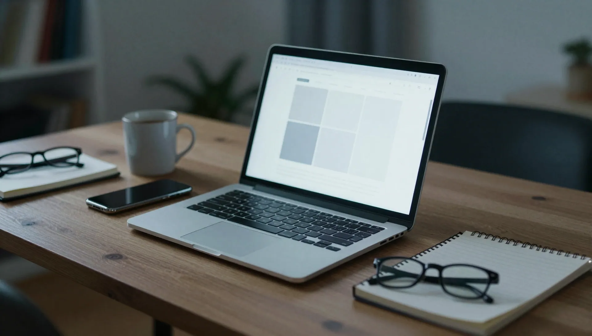 Dim home office desk with an open laptop showing a blurred browser page and a phone beside it, lit by screen glow.