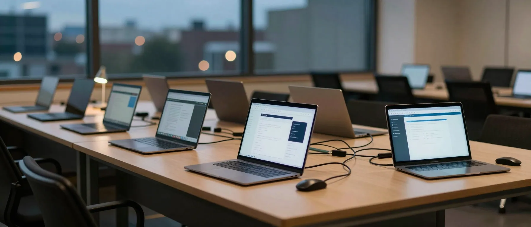 Panoramic dusk view of a long desk with several glowing laptops and tablets showing blurred pages, no people.