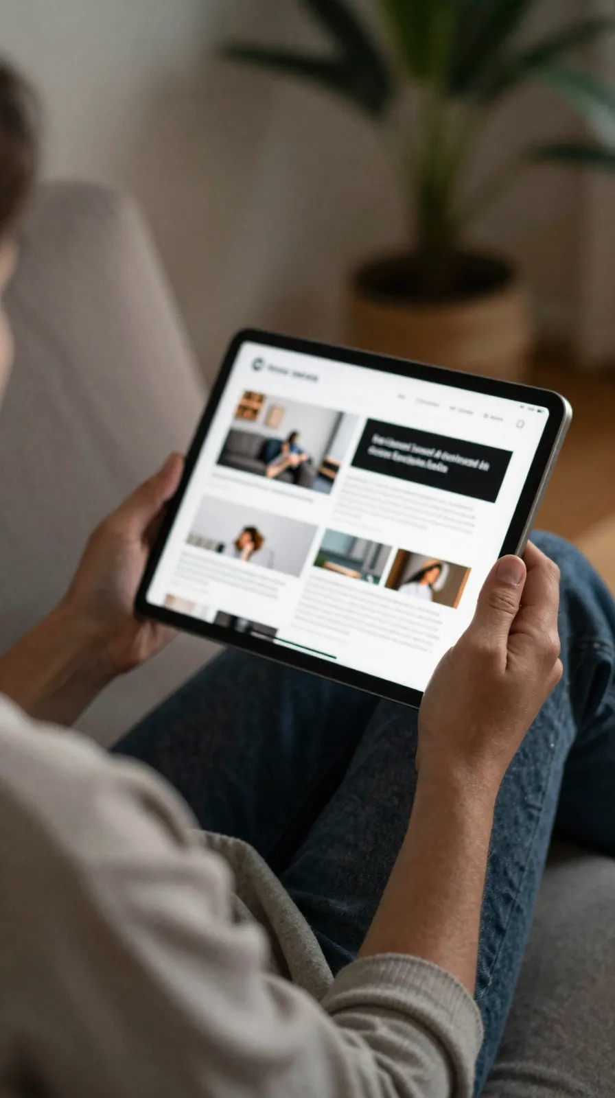 A person on a couch holds a tablet showing a generic article page with an ad block, in soft lamplight.
