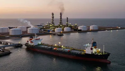 Aerial dusk view of a coastal oil refinery and moored tanker with smoke rising from a damaged tank
