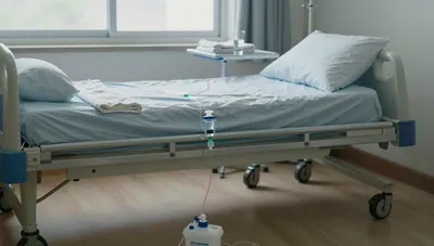 Hospital room after lung surgery with a single chest drain tube and drainage unit beside a neatly made bed in soft morning light.