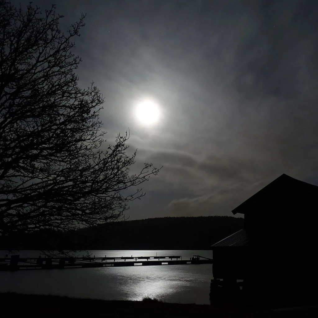 Full moon over Gullmarn fjord at Holma Marina