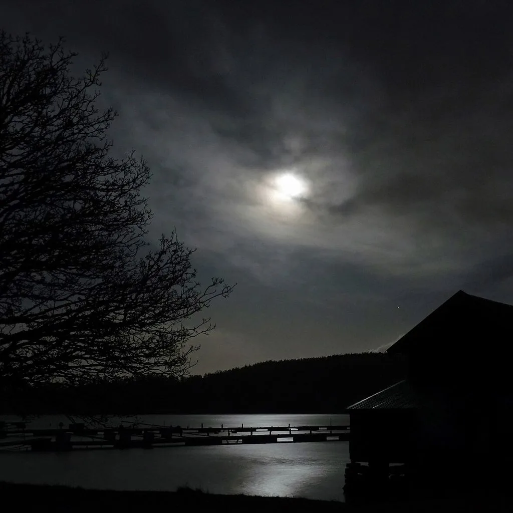 Full moon over Gullmarn fjord at Holma Marina