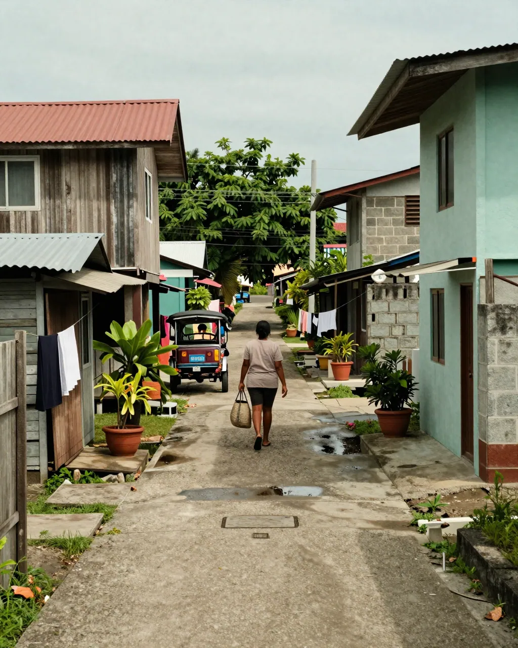 A narrow lane between modest homes in a Philippine neighborhood, with laundry lines and a parked tricycle.