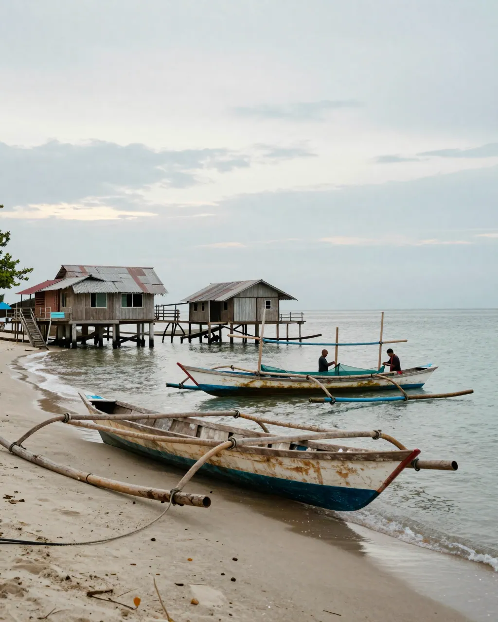 Outrigger boats and stilt houses on a Philippine shoreline at dawn, with residents mending nets.