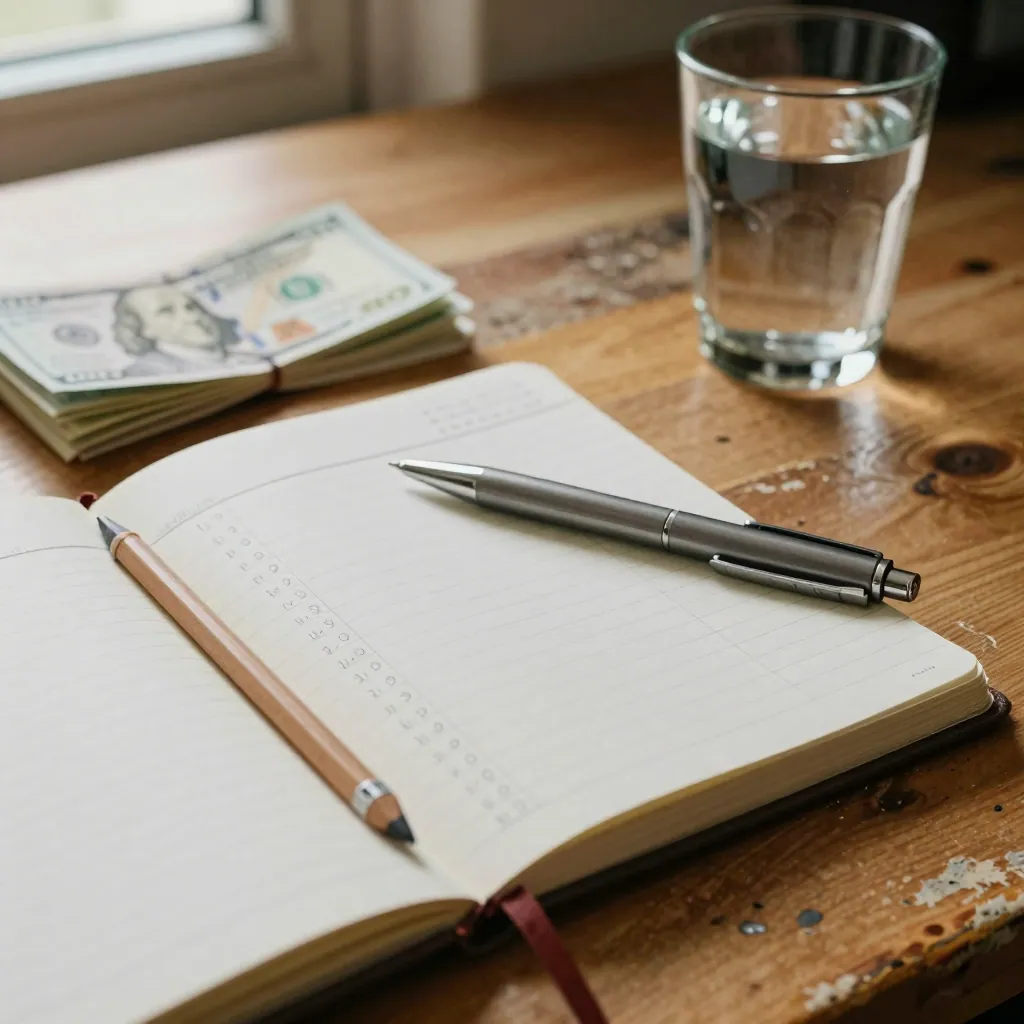 A handwritten budget notebook and folded paper money on a wooden kitchen table in warm light.