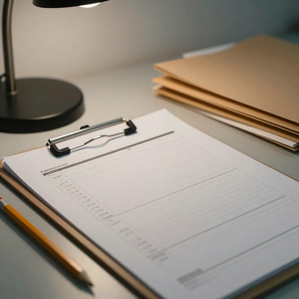 A clipboard with a blank survey form and pencil on a desk under a desk lamp.