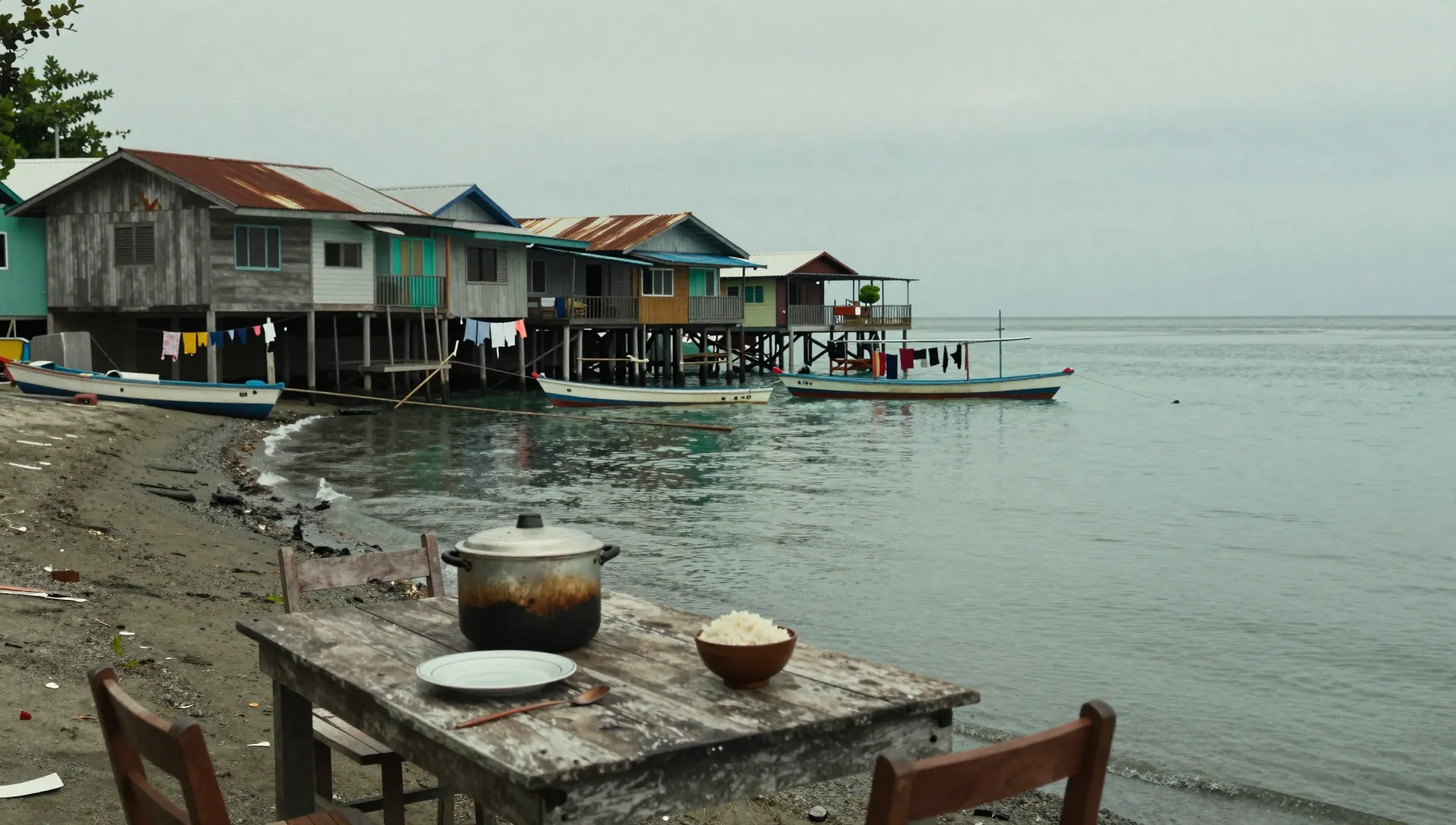 Coastal Philippine homes on stilts beside fishing boats, with a modest meal set on a wooden table in the foreground under overcast light.