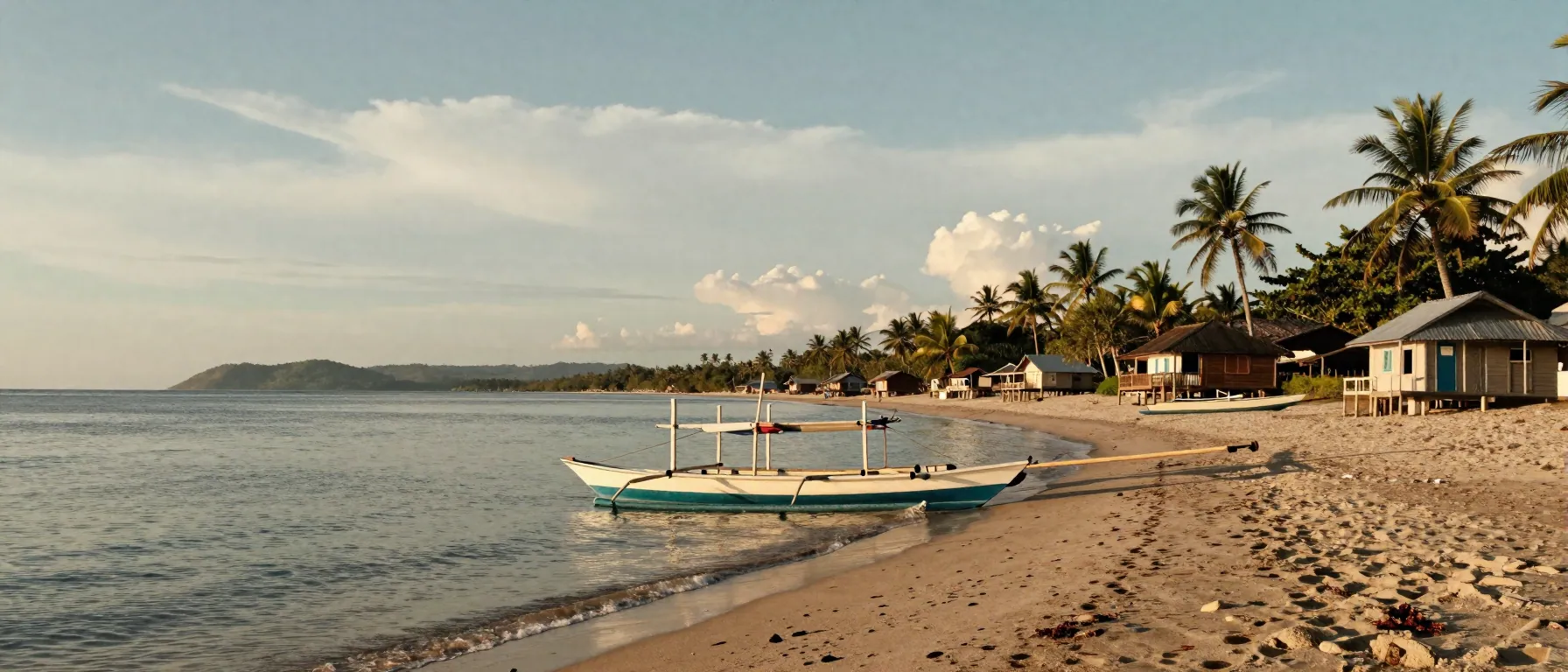 Wide view of a Philippine shoreline with outrigger boats, stilt houses, palms and hazy hills at sunset.