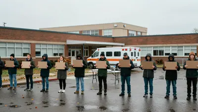 Quiet picket line outside a hospital and closed school on an overcast morning, empty ambulance bay, wet pavement.