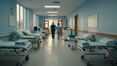 Quiet hospital emergency corridor with empty beds, staff in scrubs seen from behind, daylight on polished floor