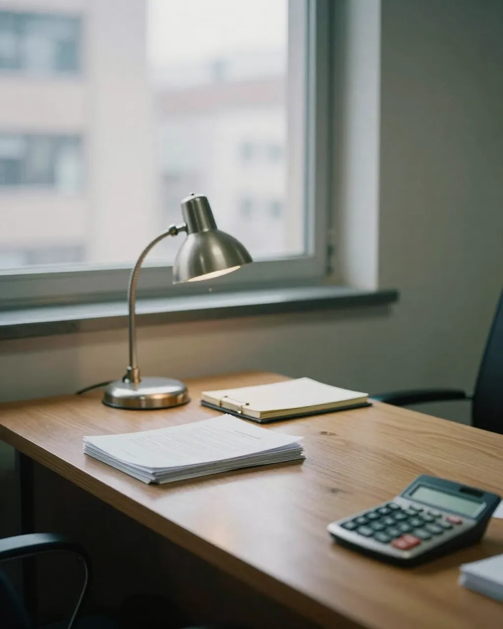 A bank desk with loan papers, a lamp and a calculator beside a daylight window.
