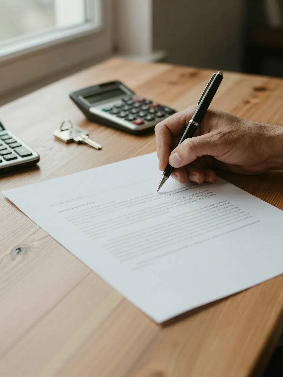 A hand signing a loan document beside a house key and calculator on a wooden table.
