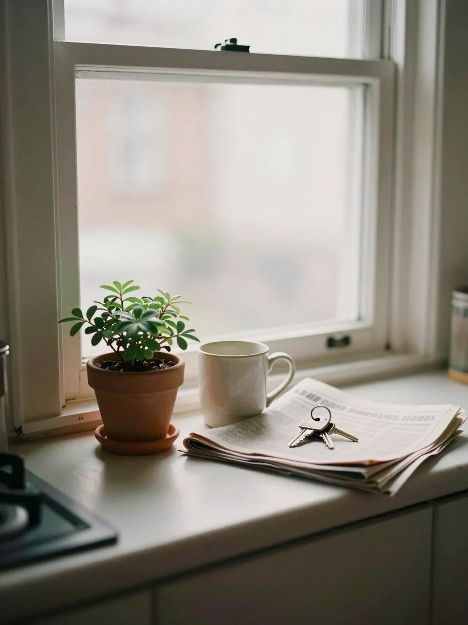 A kitchen windowsill with a plant, mug, folded newspaper and house keys in soft light.
