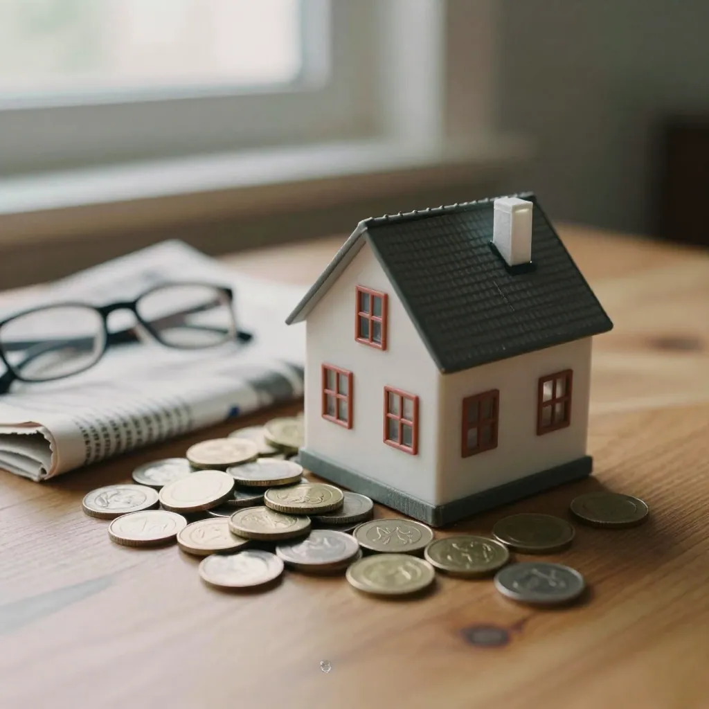 A small model house on coins beside a folded newspaper and glasses on a wooden table.