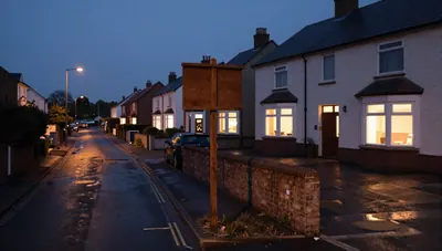 Quiet residential street at dusk with lit houses and an empty signpost frame, suggesting changing mortgage costs