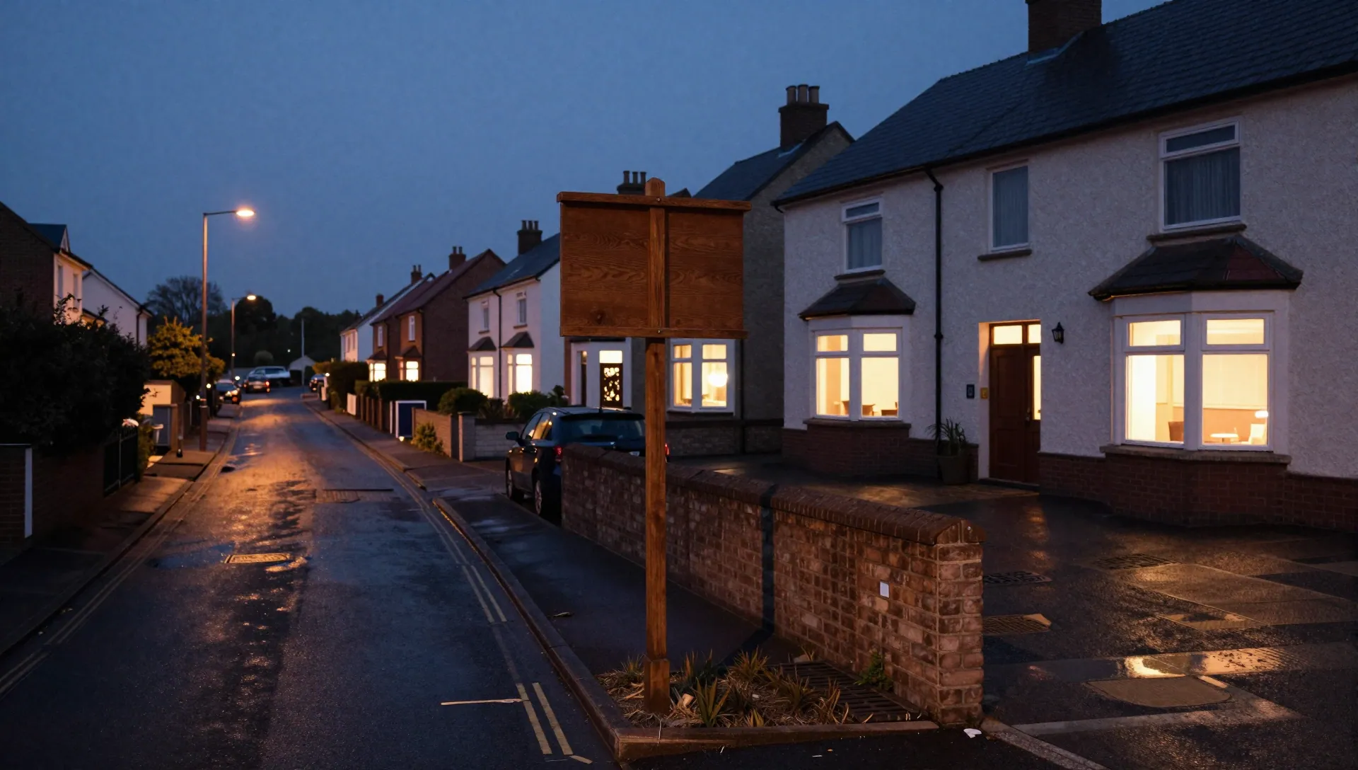 Quiet residential street at dusk with lit houses and an empty signpost frame, suggesting changing mortgage costs