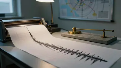 Seismogram unrolling from a drum recorder beside a brass pendulum seismometer, its inked trace spiking sharply then fading to ripples.