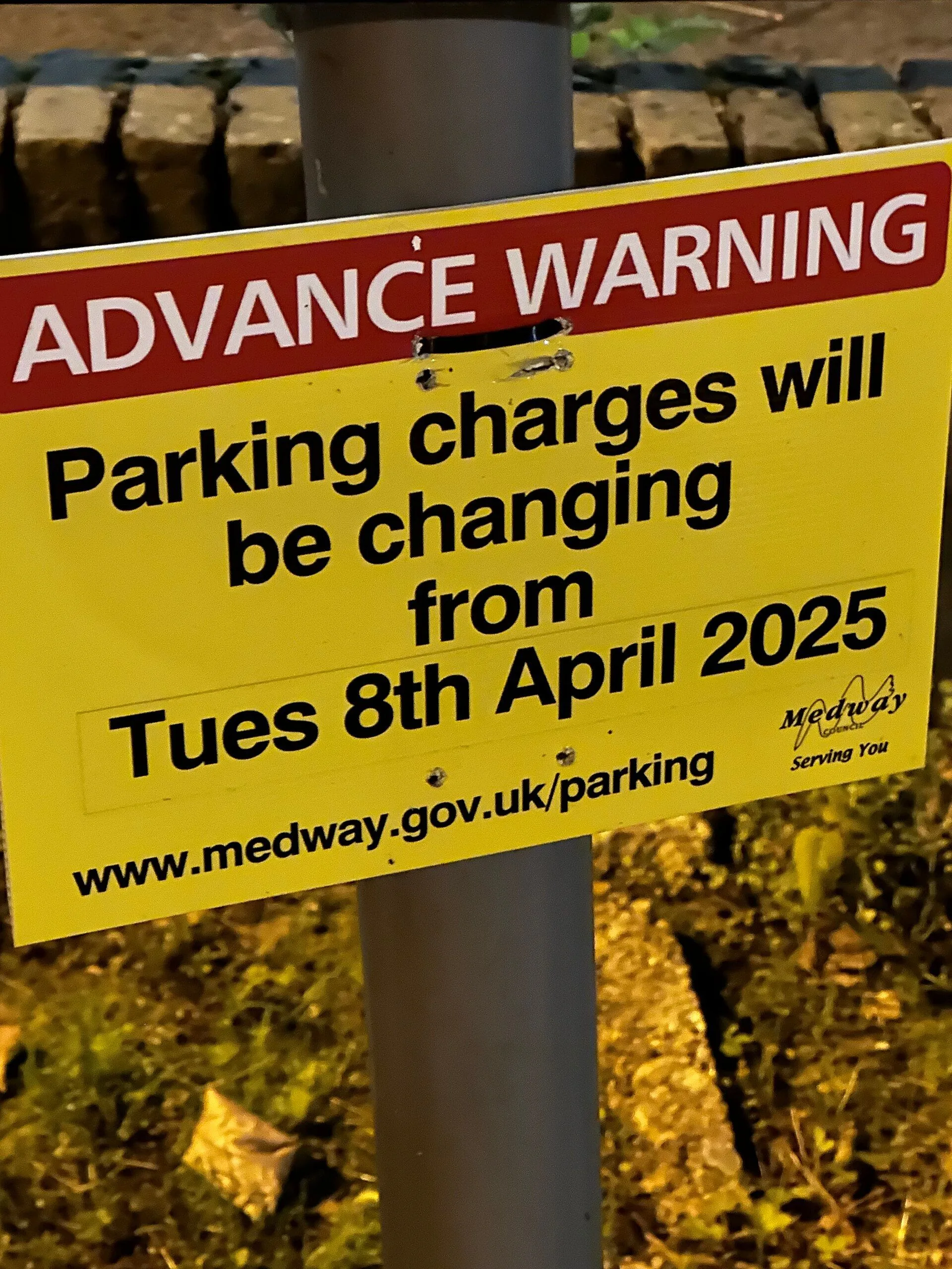 Medway Council parking charges advance warning sign at Medway Park car park, Gillingham, Kent, England