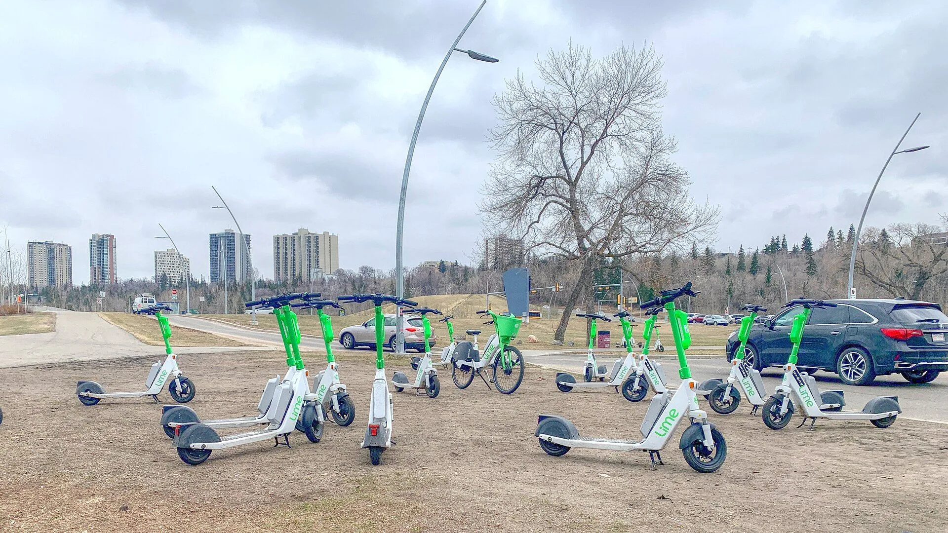 Lime e-scooters and bike, Kinsmen Park, Edmonton 04-21-2023