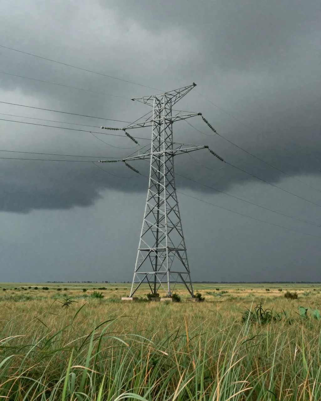 Steel transmission tower on prairie grassland under a dark storm sky with wind-bent grass.