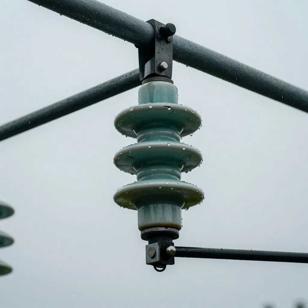 Close-up of a wet ceramic insulator string with water beading on the discs.