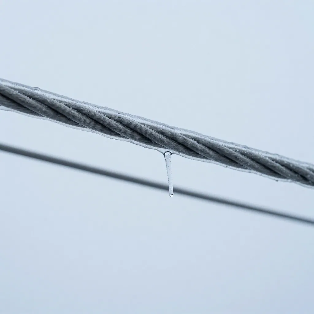 Close-up of an ice-coated power conductor with small icicles against a pale sky.