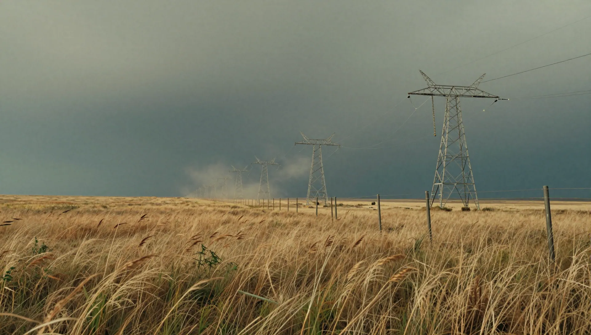 Prairie transmission towers under a storm sky, one conductor sagging loose, wind bending grass