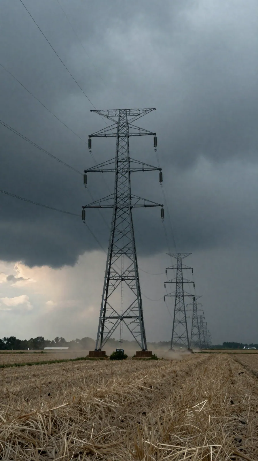 Gust front moving across farmland toward a receding line of transmission towers.