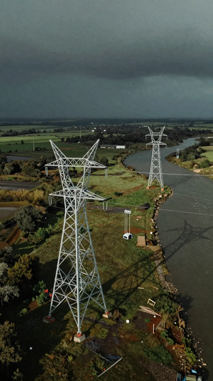 Aerial view of a transmission line across a valley, near towers lit and far towers in storm shadow.