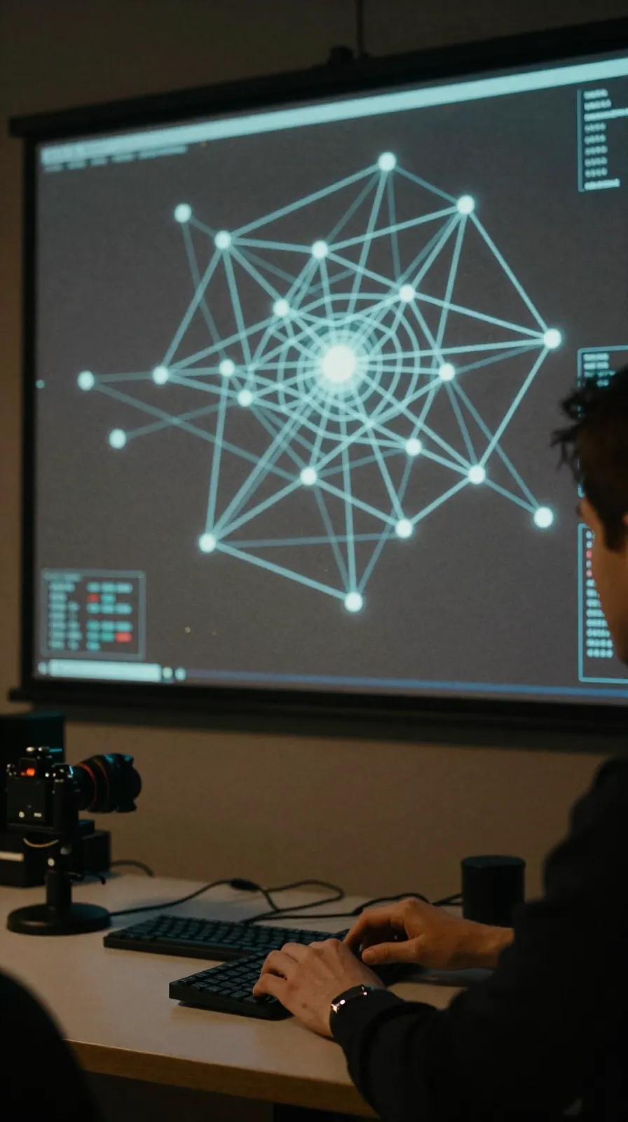 Dim control room with a wall screen showing a glowing abstract power network map.