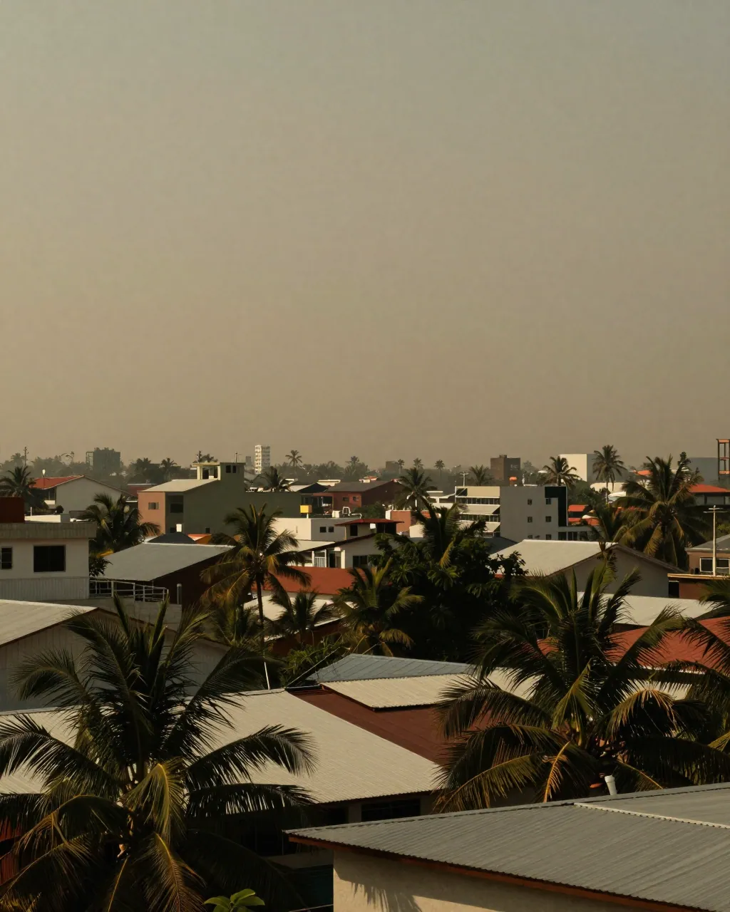 An orange-brown haze layer hangs over a low-rise tropical city, dimming rooftops and palm trees under a uniform amber sky.