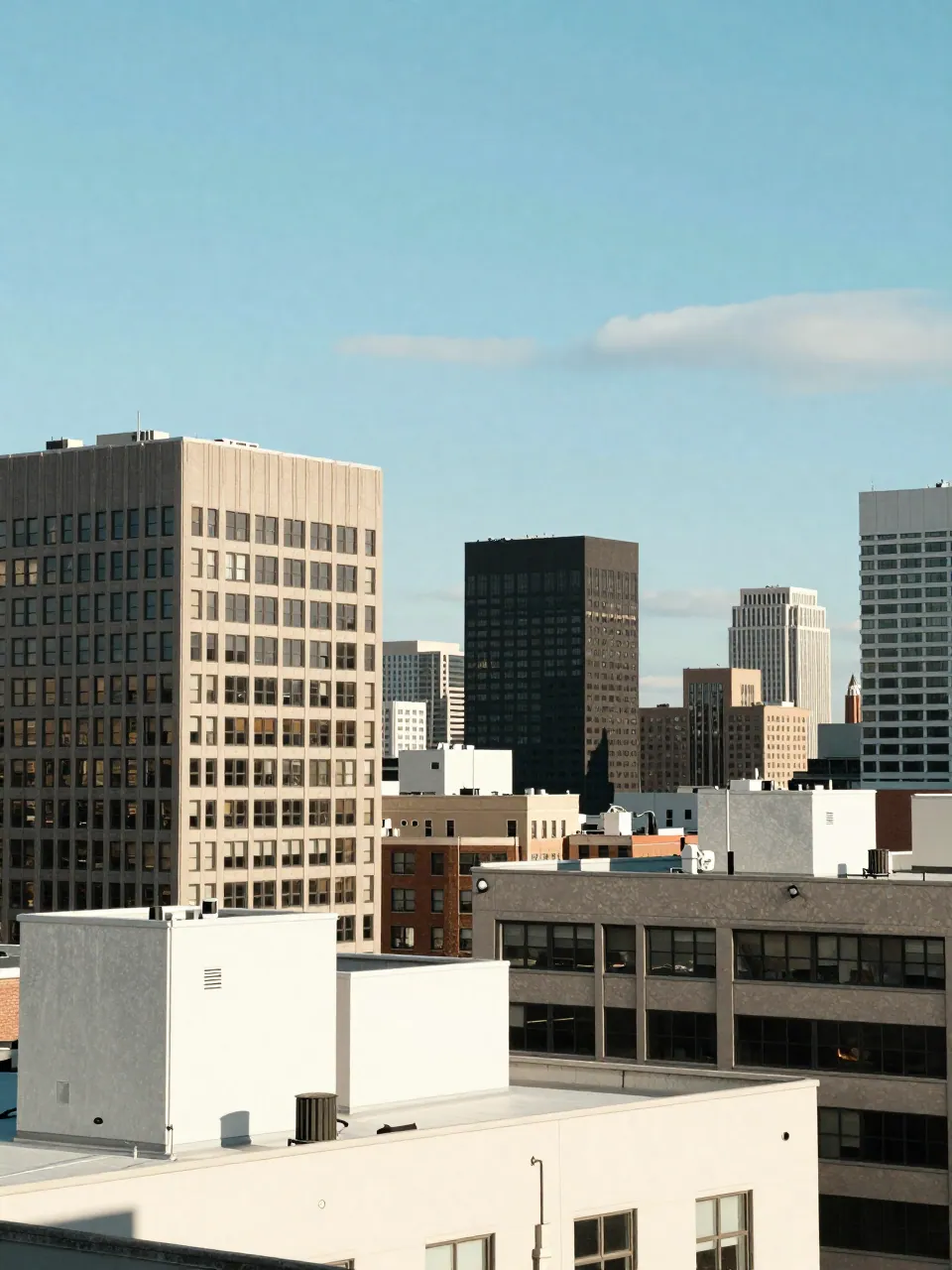 The same city skyline on a clear day, with crisp buildings, blue sky and sharply defined rooftops.