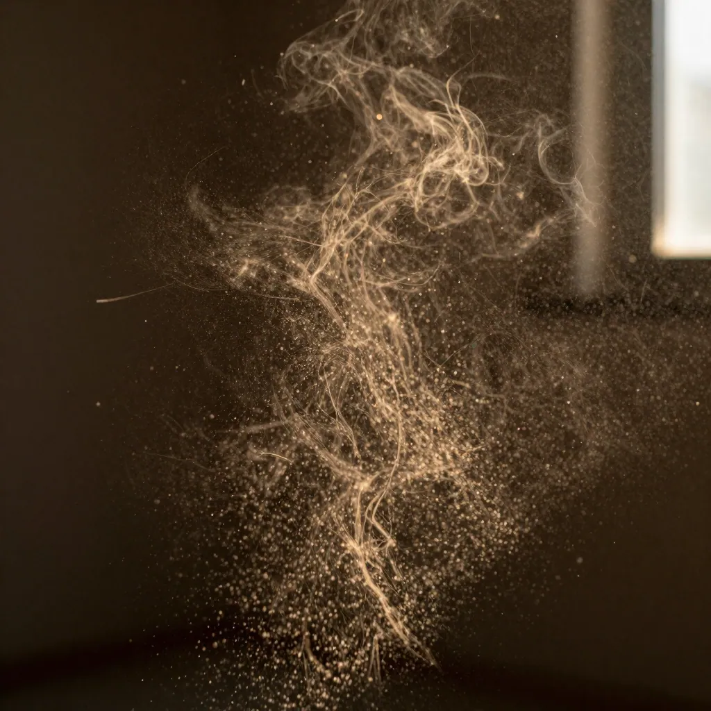 Tiny dust and smoke particles glow in a shaft of sunlight against a dark background, seen in extreme close-up.