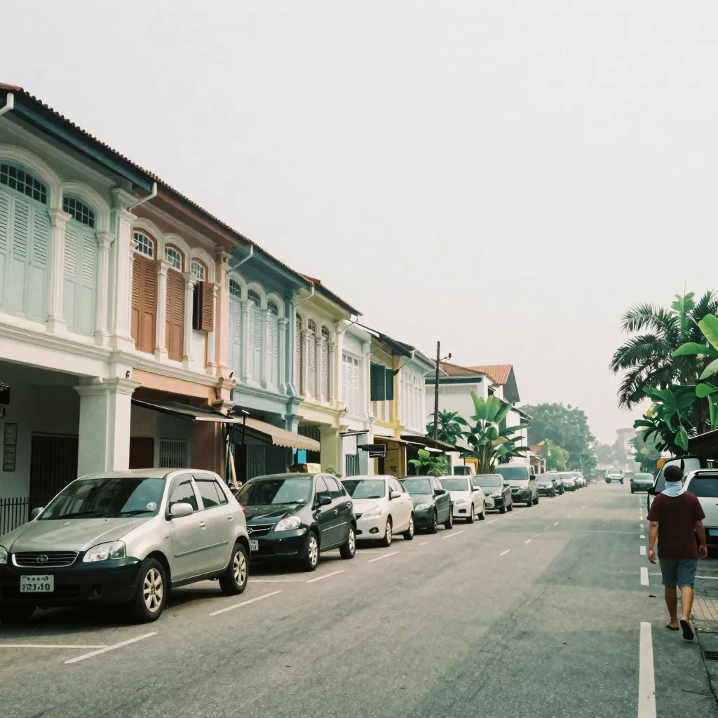 A residential street recedes into pale grey haze, with a distant pedestrian in a mask and shophouses fading from view.