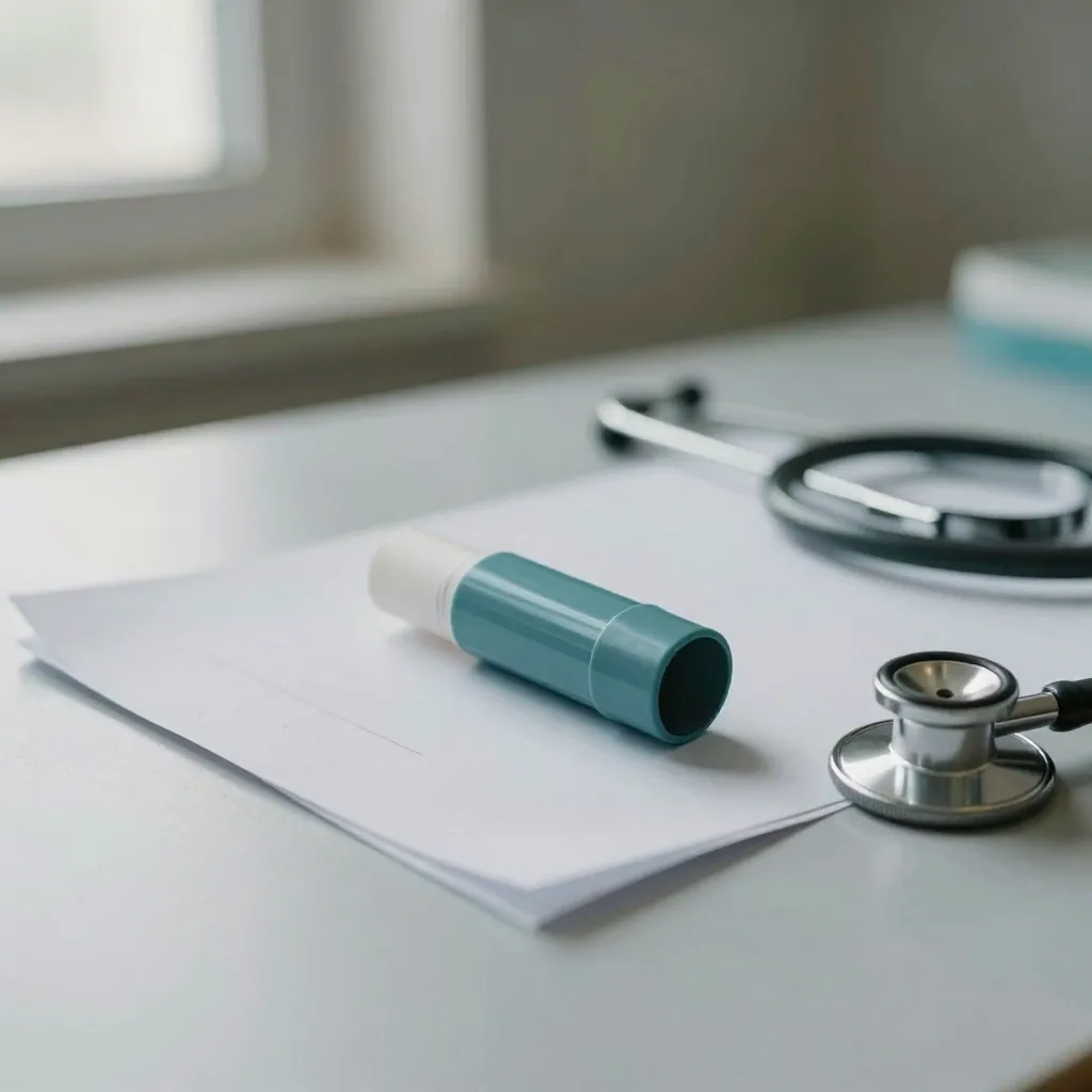 A metered-dose inhaler rests on a clinic desk beside a folded paper chart and a stethoscope in soft window light.