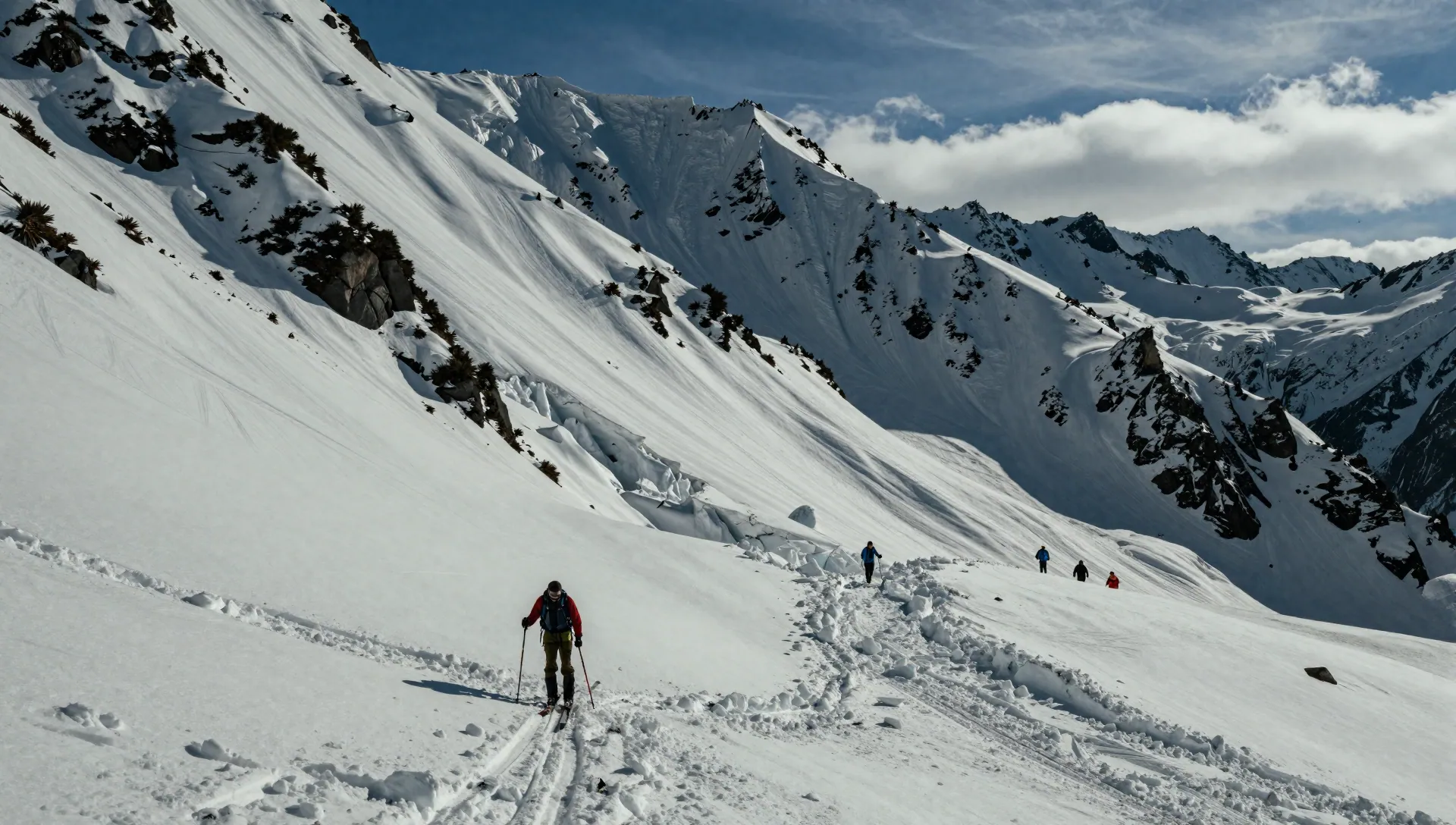 Avalanche debris field on a steep Southern Alps snow slope with ski tourers probing the runout under cold mountain light.