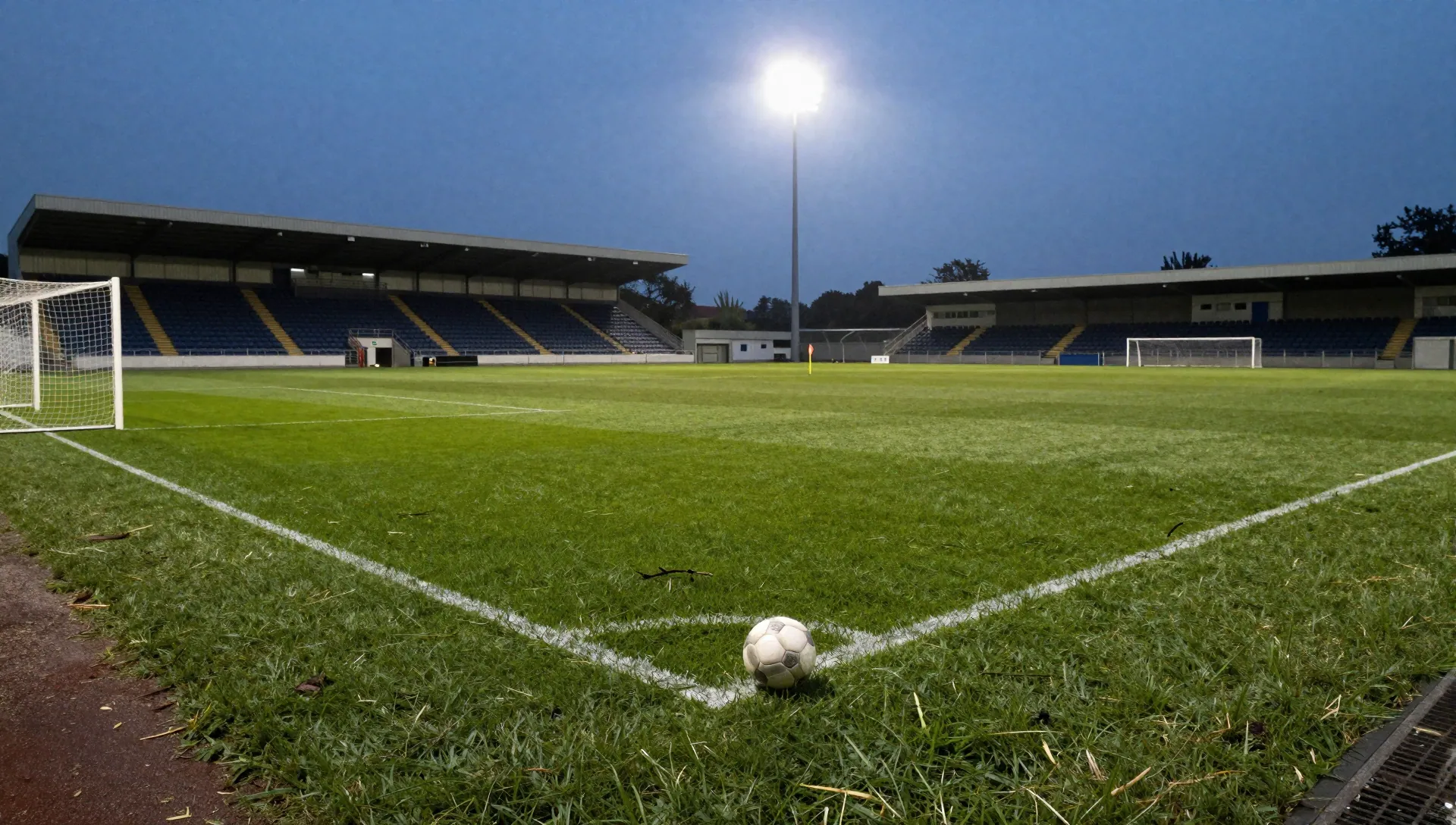 Empty floodlit football pitch at dusk with a match ball on the grass and a goal net in the distance