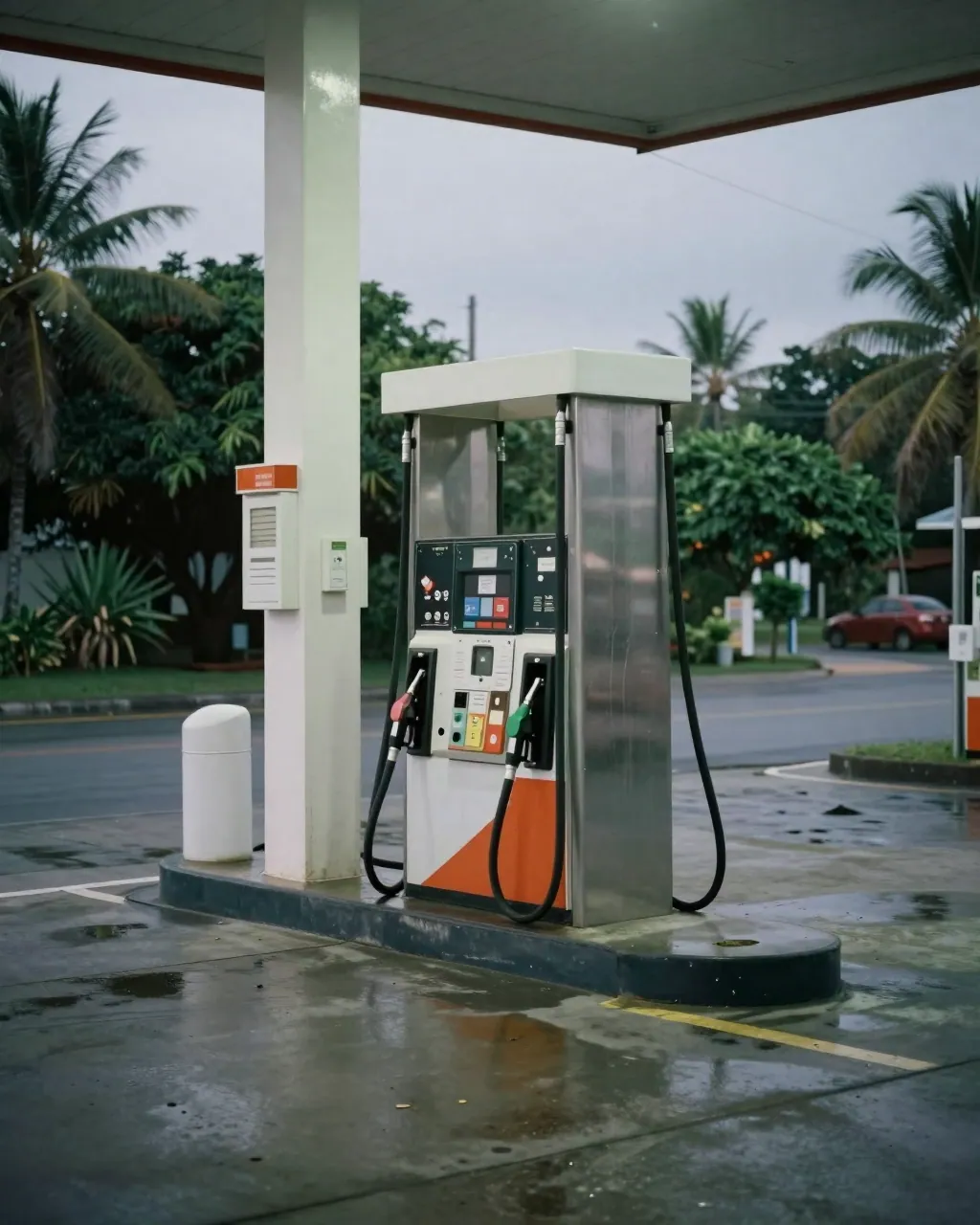 A quiet petrol station forecourt at dusk with a single fuel pump and wet concrete.