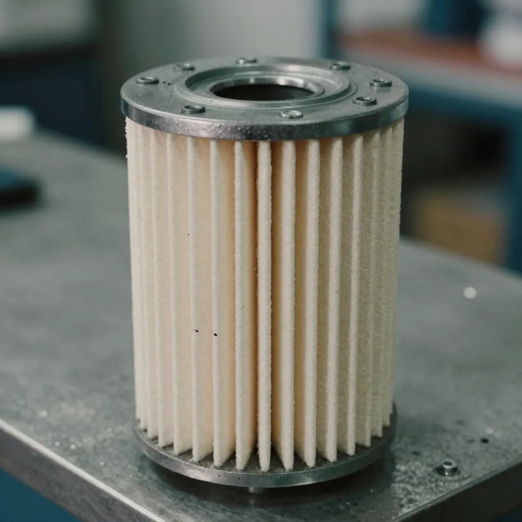 Close-up of a pleated cylindrical fuel filter element on a workshop bench.